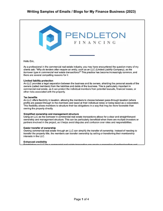 First page of the finance writing samples